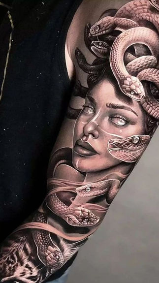 Detailed Greek mythology tattoo design featuring gods, mythical creatures, and symbolic elements
