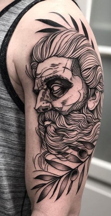 Detailed Greek mythology tattoo design featuring gods, mythical creatures, and symbolic elements