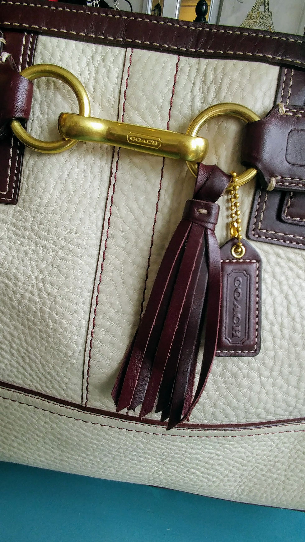 Thumbnail: Beige and Maroon Coach Shoulder Bag
