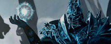 an oil painting of a screen shot of Bolvar the Lich King from World of Warcraft. the painting is blue, grey and black. 