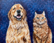 an oil painting of two pets: a golden retriever on the left and a long-haired cat on the right. both animals have long, golden fur. the background is a dark blue and purple abstracted granny-square pattern.
