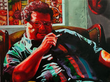 A vibrant oil painting of Newman from Seinfeld. The scene is from season 7 episode 1, where Newman is sitting in a chair, looking cunning and menacing. The lighting is dramatic and the painting further exaggerates this - making Newman's skin a bright red colour, the stripes on his shirt jump out in red, teal, blue and purple. With his elbow perched on the arm of the chair, he holds a cigarette in his right hand. he looks to his right with a sneer, mouth slightly ajar in mid-sentence. Behind his head is a poster of food and to his left, his mail hat hangs on the wall.
