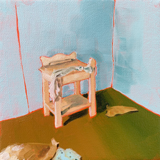 A photo-realistic oil painting of a room in an abandoned house. The underpainting was orange, and there are outlines and tinges of this colour seeping through in some areas. The wall is a robin’s egg blue and the floor is an olive green. In the centre of the room is an antique side table, it has a white towel draped over it. The floor has old wallpaper and fabric scattered about 