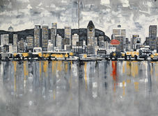A mostly grey scale painting of the Montreal Skyline. The painting is made up of two large canvases hanging beside each other to make one large image. The skyline is made up of large buildings standing next to each other. There is a large hill in the background and a waterfront in the foreground. The only colour in the grey scale image is gold to indicate bright lights and a large red sign reading “farine five roses”. The style of the painting is a blend of realism and abstract, with a generous amount of palette knife painting. The colour of the lights is dragged down the canvas to suggest a reflection on the water. White and grey paint splotch the sky to indicate clouds