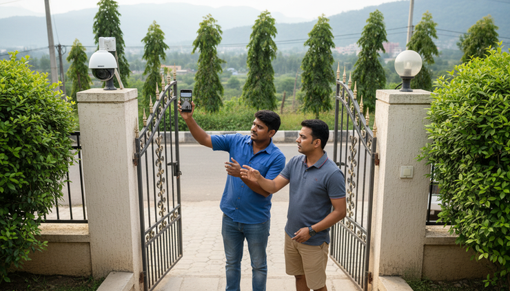 High-angle view of a CCTV installer testing live camera footage on a mobile phone at a home gate.