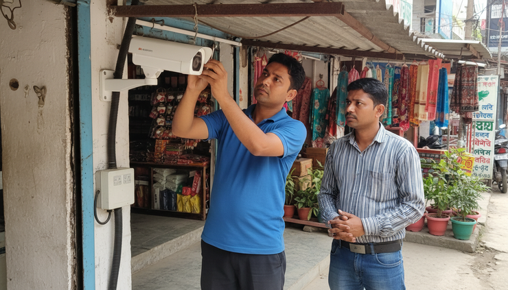 Close-up view of a technician aligning a bullet CCTV camera under a shop awning.