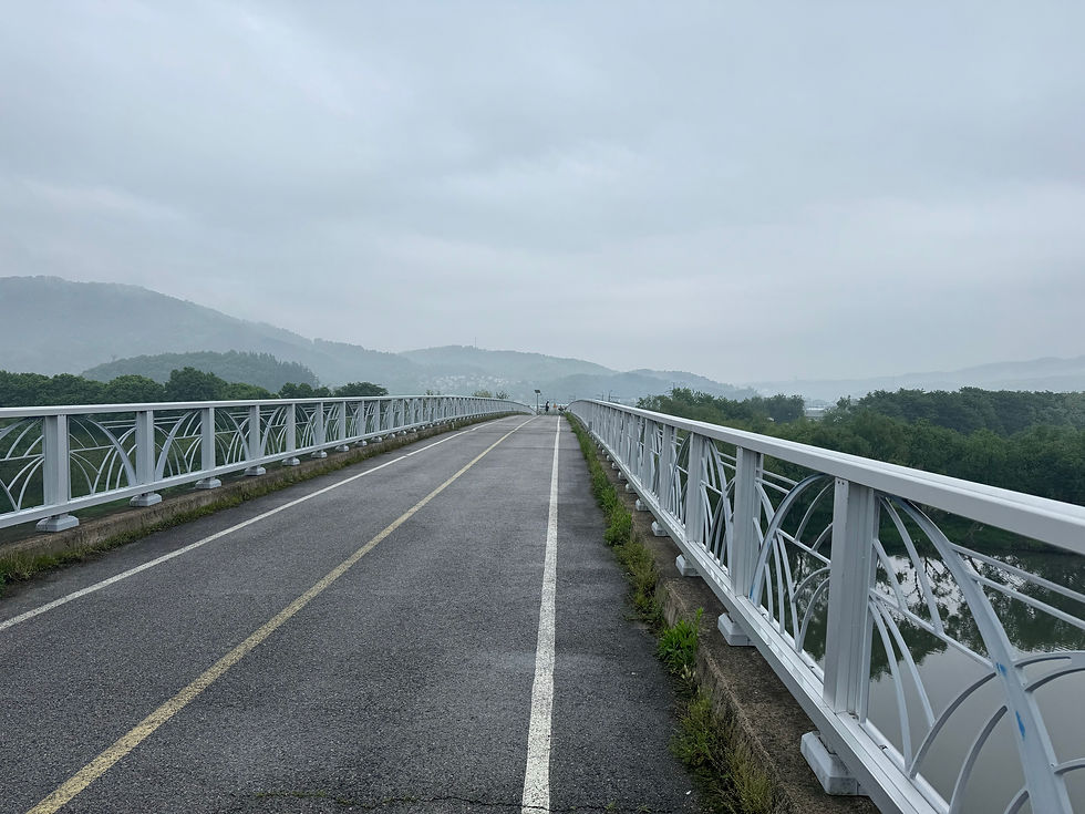 A serene, misty bridge stretches towards distant hills.