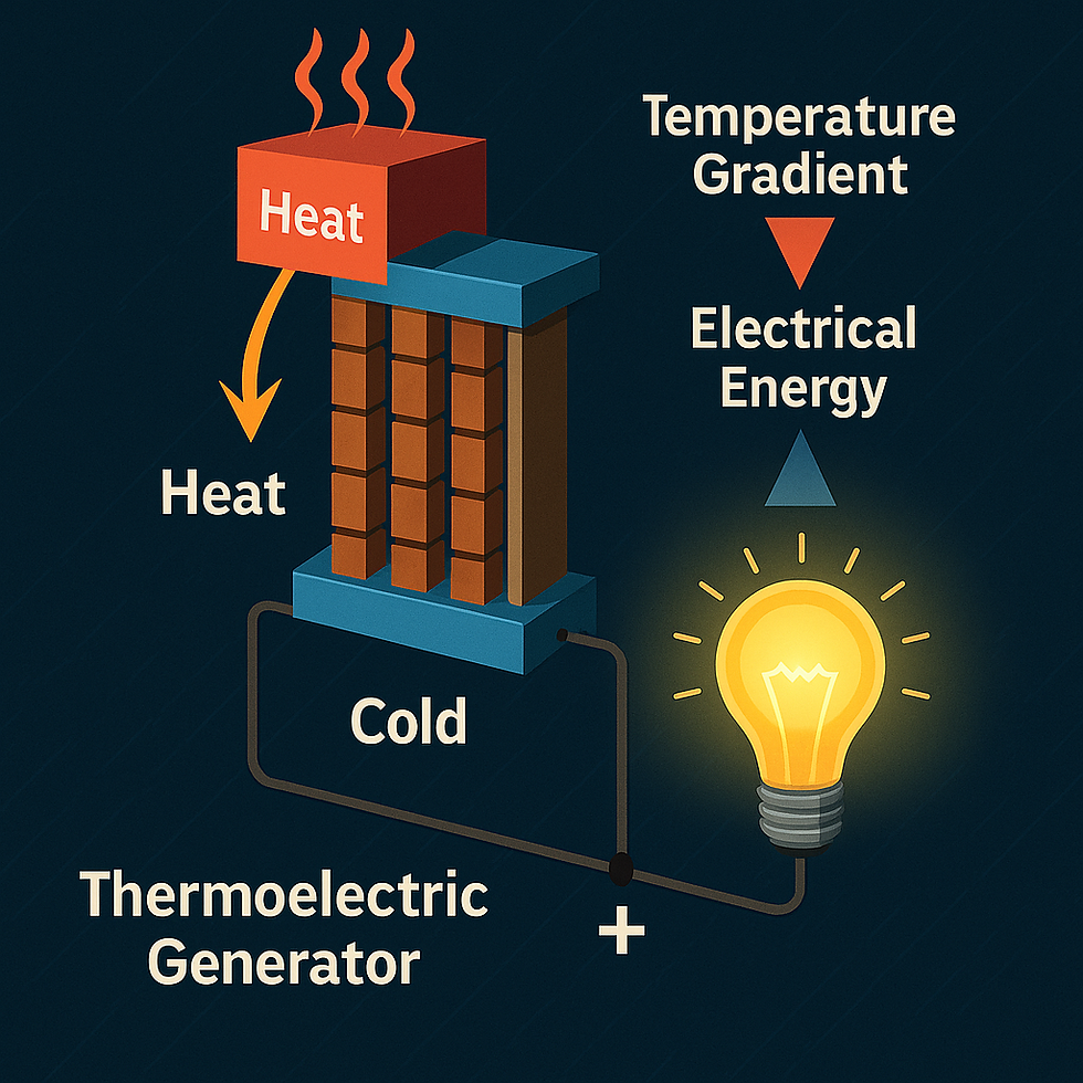 Diagram of a thermoelectric generator converting a temperature gradient (heat flow from hot to cold) into electrical energy to power a light bulb. (DallE)