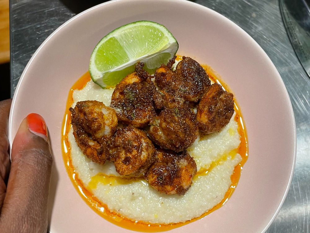 Jerk Shrimp and Coconut Milk Grits with Motherless Greens
