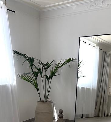 1_Helles Zimmer mit großem Spiegel, Zimmerpflanze im Topf und minimalistischer Dekoration.