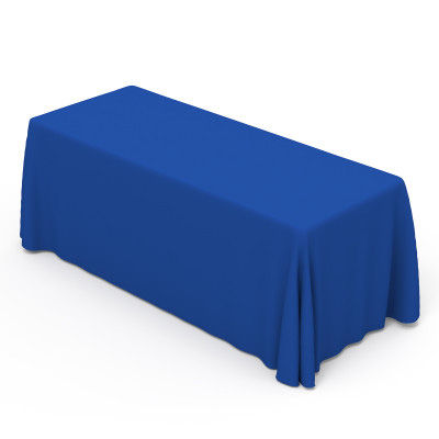 Blue solid table cover made from durable fabric, perfect for events, trade shows, or presentations, offering a clean and professional look for any setting.