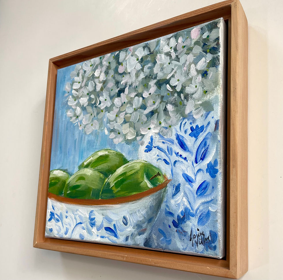 Thumbnail: White Hydrangeas in Blue White Apples in Bowl