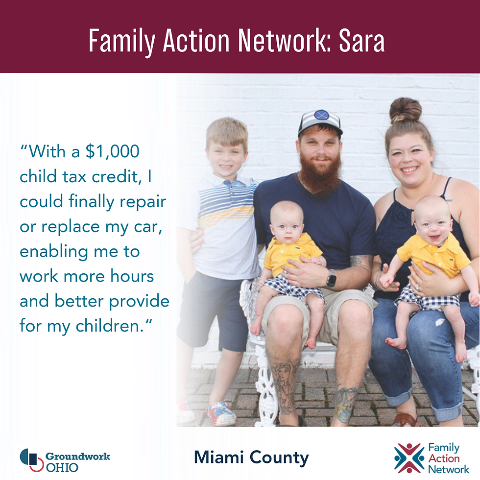 Family sitting on a bench with two children and a baby. A quote about a $1,000 child tax credit is shown. Family Action Network, Sara.