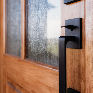 Black door handle on a wooden door.