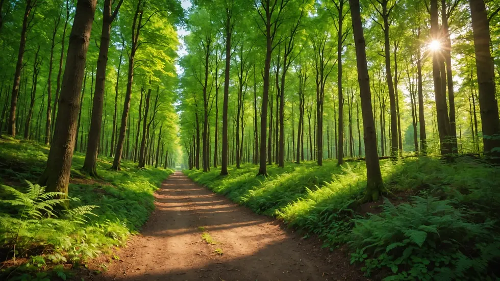 Wide angle view of a tranquil forest path