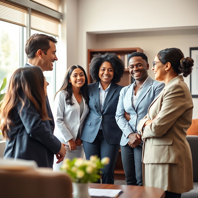 “Welcoming immigration law office, diverse attorneys in professional attire बैठing with cl