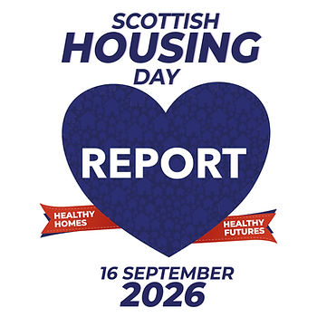 Scottish Housing Day report poster with a blue heart, Healthy Homes/Healthy Futures ribbons, and 16 September 2026 text.