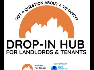 Homes for Good logo with details about its Drop-in hub for Landlords and Tenants