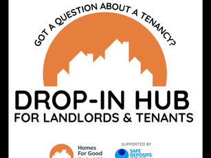 Homes for Good logo with details about its Drop-in hub for Landlords and Tenants