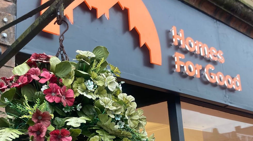 Hanging basket and the Homes for Good sign outside new Dumfries branch