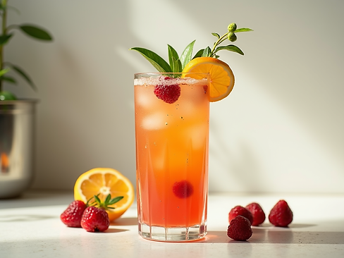 A beautifully garnished mocktail with fresh fruit and herbs, set against a clean, modern b
