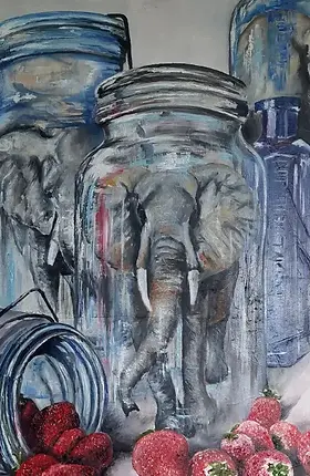 Cindy Powell - Elephants and Strawberry Fields - 600 x 750mm.webp