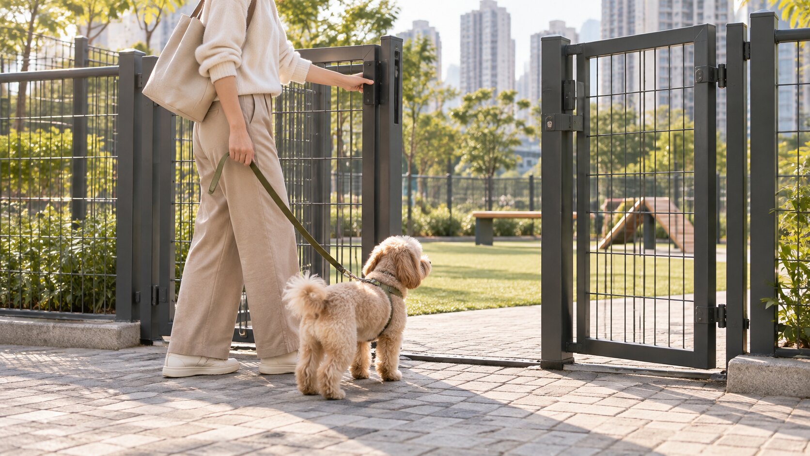 主人牽着小型犬在寵物公園雙重閘門前停下檢查入口;AI情境示意,非指定公園實拍。