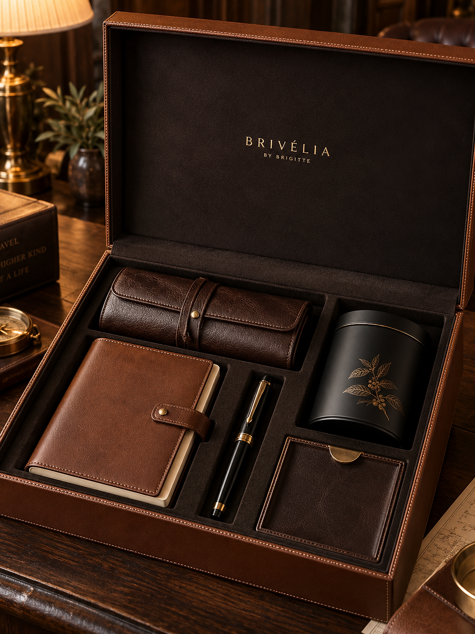 The Reserve gift box, leather notebook, pen, travel accessories, portrait 4:5