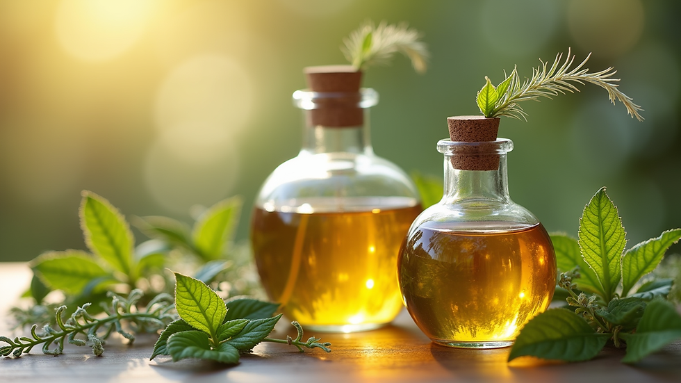 Close-up view of natural plant oils in glass bottles
