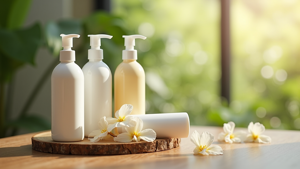 Close-up view of natural hair care bottles on wooden surface