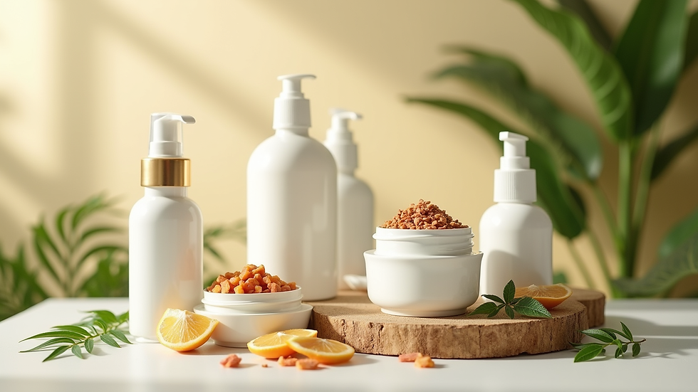 High angle view of eco-friendly skincare products with natural ingredients