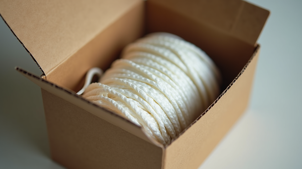 Eye-level view of biodegradable dental floss spool in a compostable cardboard box
