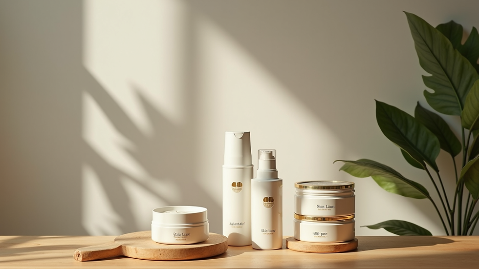 High angle view of a collection of organic skincare products on a natural wood table