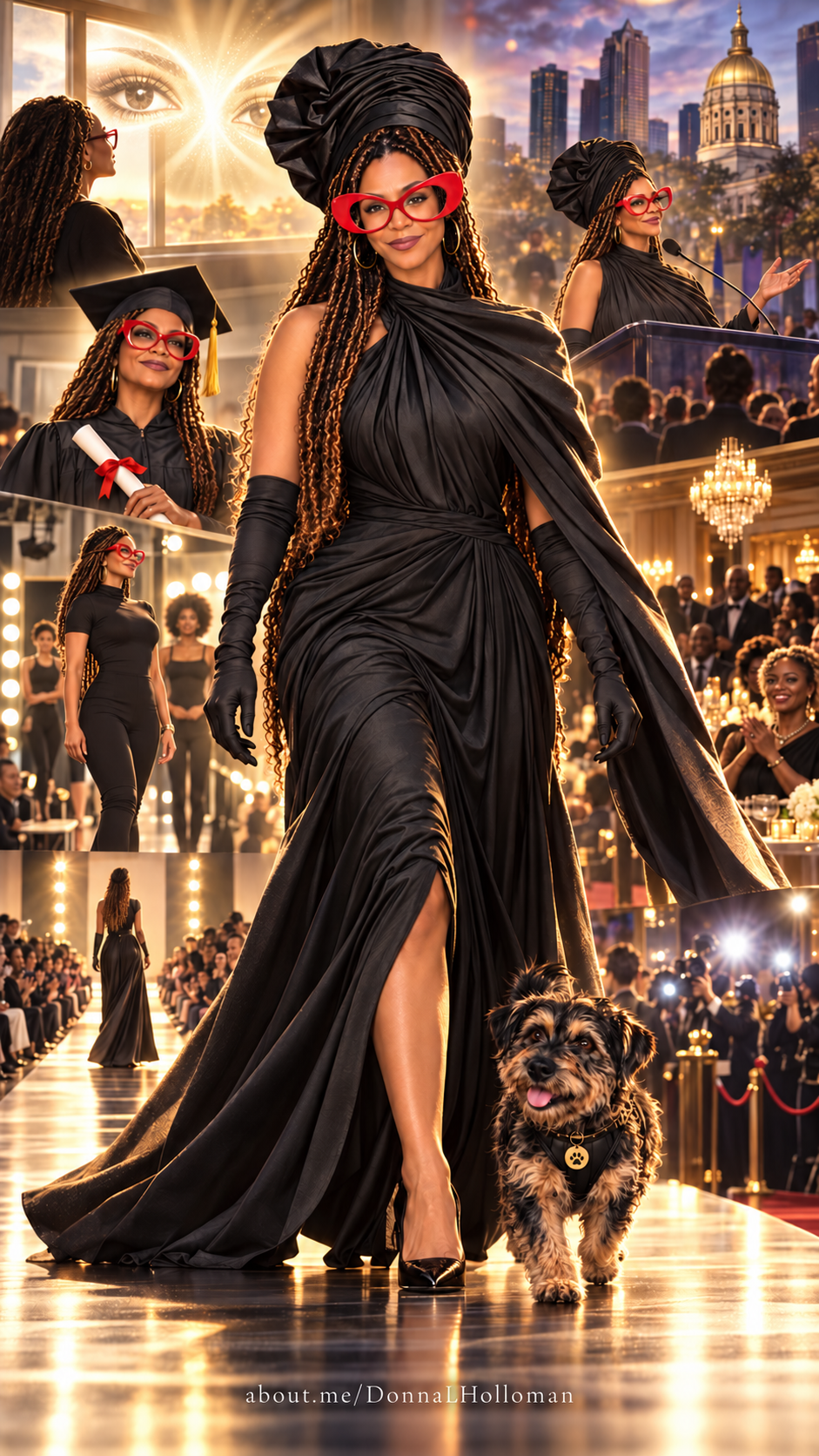 Donna graces the runway in striking red eyeglasses and a dramatic black gown, accompanied by Niko, as they reinvent a historical narrative.