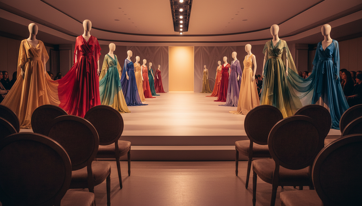 Wide-angle view of a glowing runway with colorful garments and empty front-row chairs.