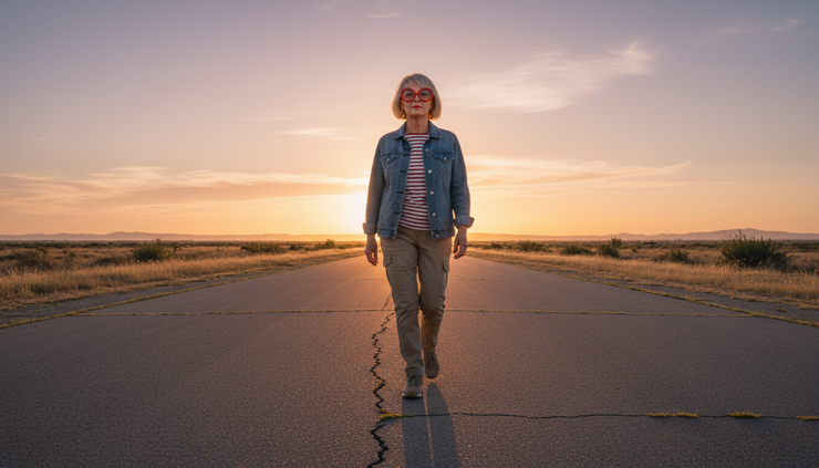 Wide-angle view of a woman walking alone along an open runway-like path at sunrise.