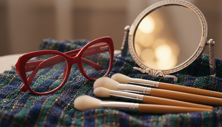 Close-up view of red glasses resting beside makeup brushes and soft fabric.