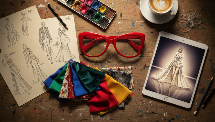 Overhead view of red glasses beside printed fashion sketches and a glowing tablet.