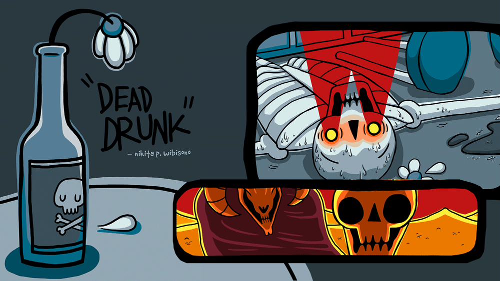 dead drunk illustration webcomic comic limbo skeleton death hell heaven dark devil beer alcohol drink flower bar