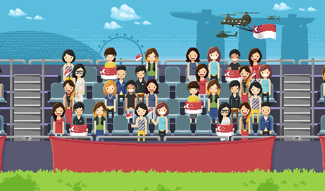 illustration animation pixel art padang sg50 singapore sg marina bay sands esplanade stadium celebration flag