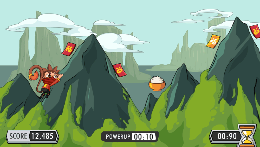 mobile browser game art angbao angpao monkey ninja chinese lunar new year mountains clouds platformer jump slide climb