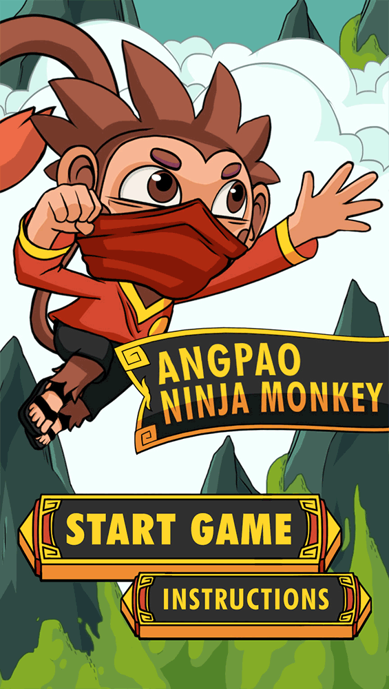 mobile browser game art angbao angpao monkey ninja chinese lunar new year mountains clouds platformer jump slide climb ui elements menu