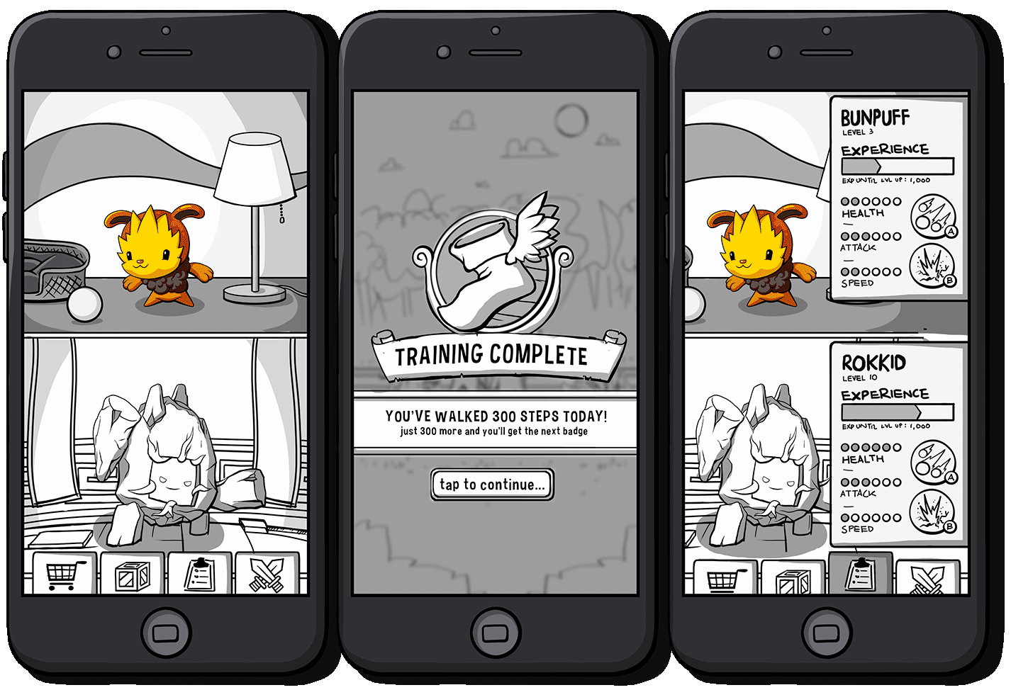 mobile game art concept fitmon pokemond creature monster pet raise tamagotchi fitness sport ui mockup menu