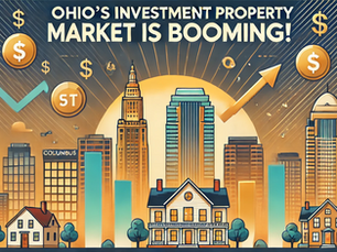 Illustrated skyline of Ohio cities with upward arrows and dollar signs highlighting a booming real estate market