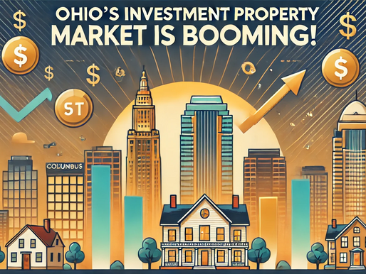 Illustrated skyline of Ohio cities with upward arrows and dollar signs highlighting a booming real estate market