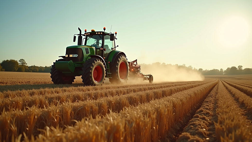 Wide angle view of a tractor plowing a field