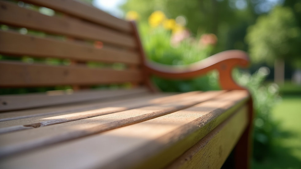 Close-up view of a wooden garden bench with detailed joinery and weather-resistant finish
