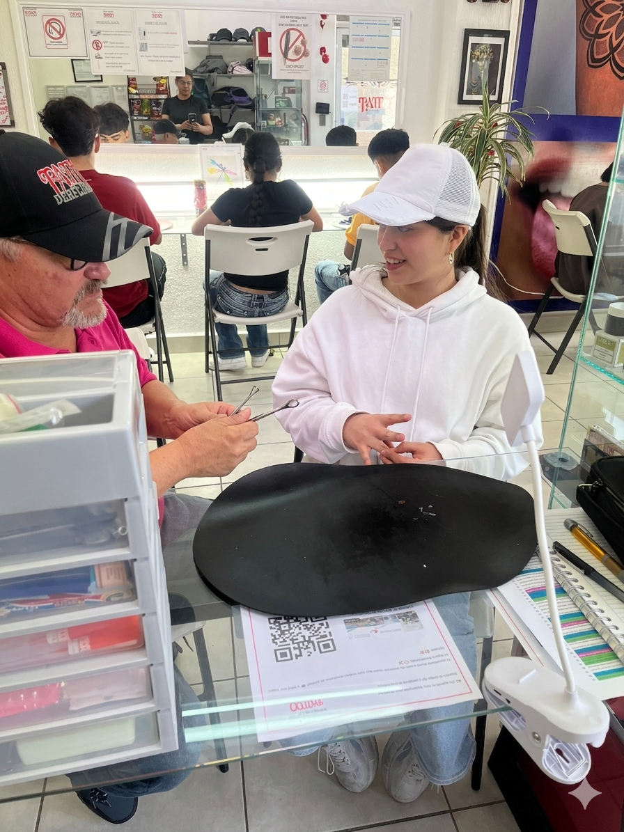 Alumna en clase práctica de Piercing con instructor - Curso Profesional Derflingher Querétaro
