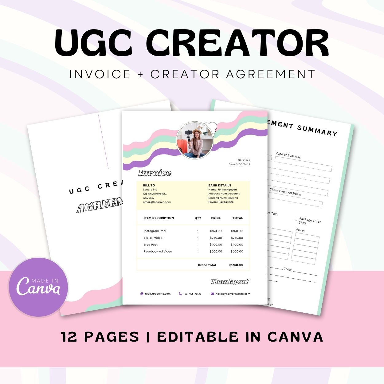 Pastel Rainbow UGC Creator Agreement Contract and Invoice Templates