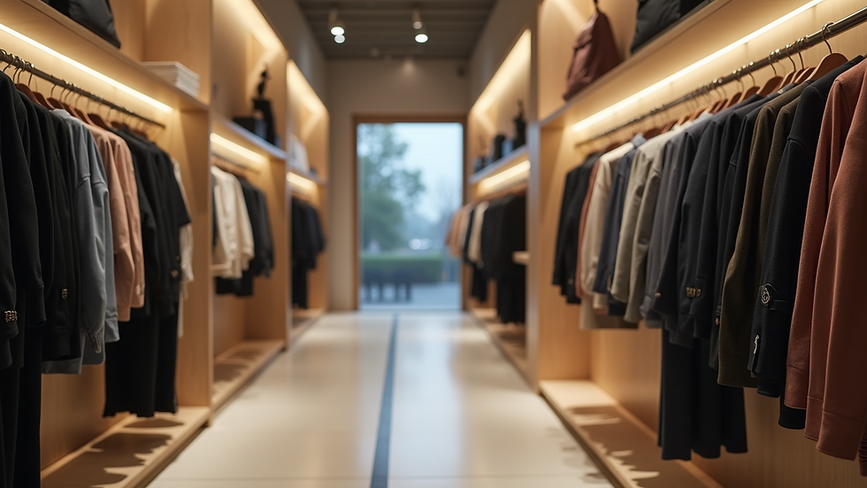 High angle view of a clothing store display with neatly arranged premium garments